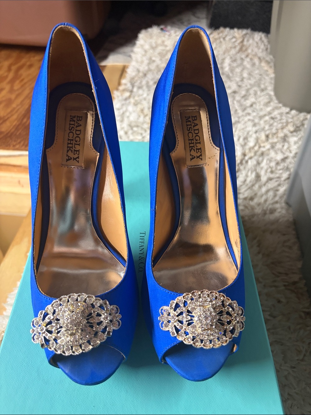 Badgley Mischka Cobalt Blue Satin Peep-Toe Heels with Crystal Brooch
